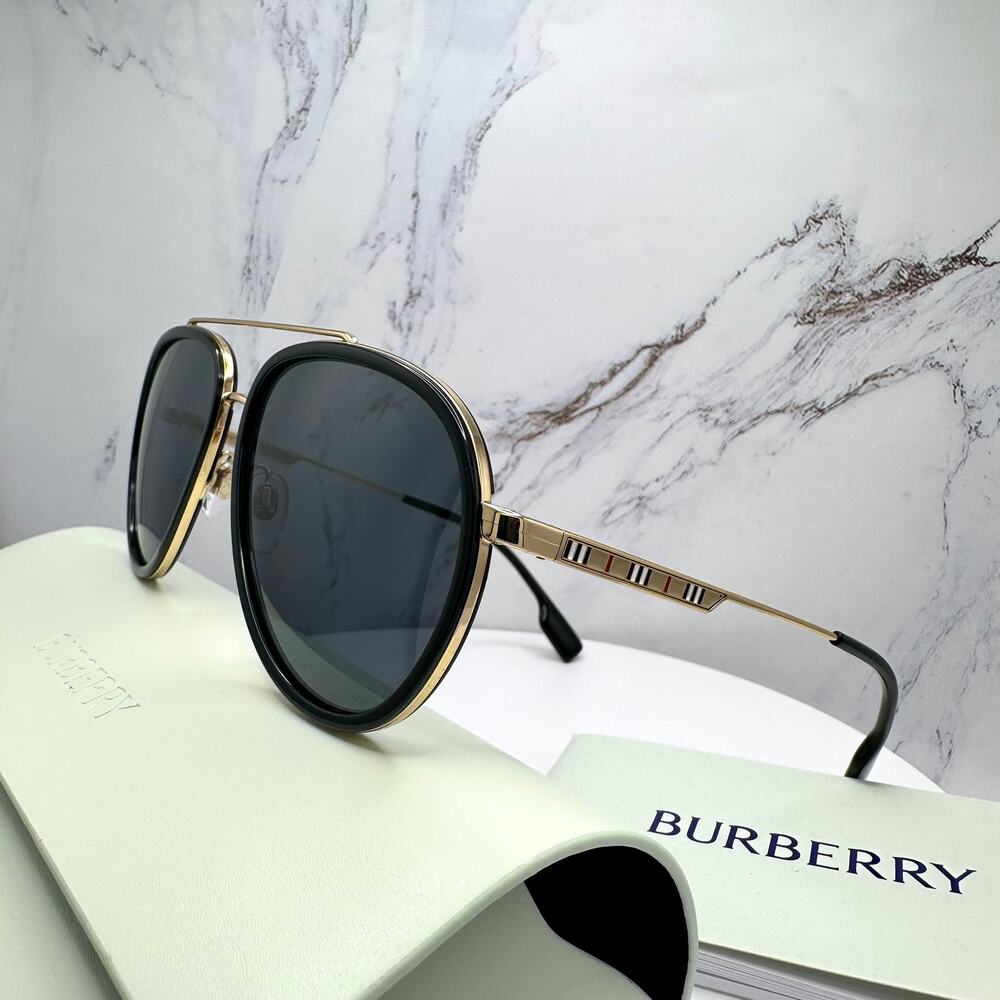 New Burberry Sunglasses Polarized Gold Black Check Arms Aviator Pilot Metal - Picture 11 of 16